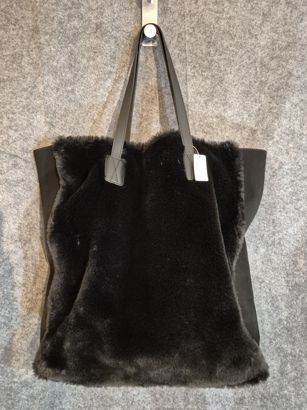 GAP Black Faux Fur Tote Bag with Leather Handles
